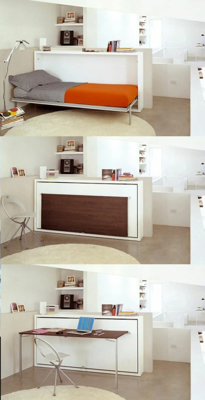 retractable bed in grey and orange, transformed into a table, in three steps, bright room wth beige floor, and a round cream rug