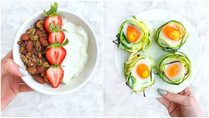 yoghurt in a white bowl, garnished with halved strawberries, and various kinds of nuts, held by a female hand, best breakfast for weight loss, next image shows, hand holding plate with four cooked eggs, garnished with green veggies