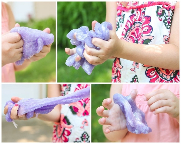 kids in pink clothes, playing with pale violet goo, decorated with glitter, how to make slime, stretchy and sticky moulding clay