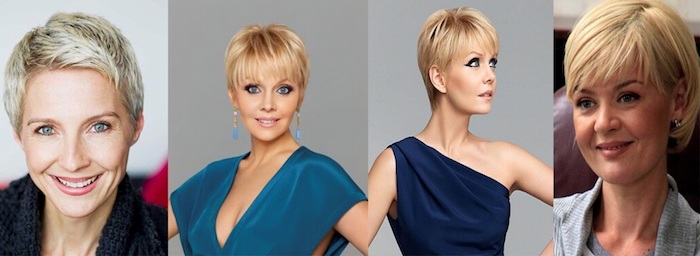 ideas for pixie cuts, textured with platinum highlights, and side swept bangs, straight with dark blonde roots, short sassy haircuts, shaggy with side part