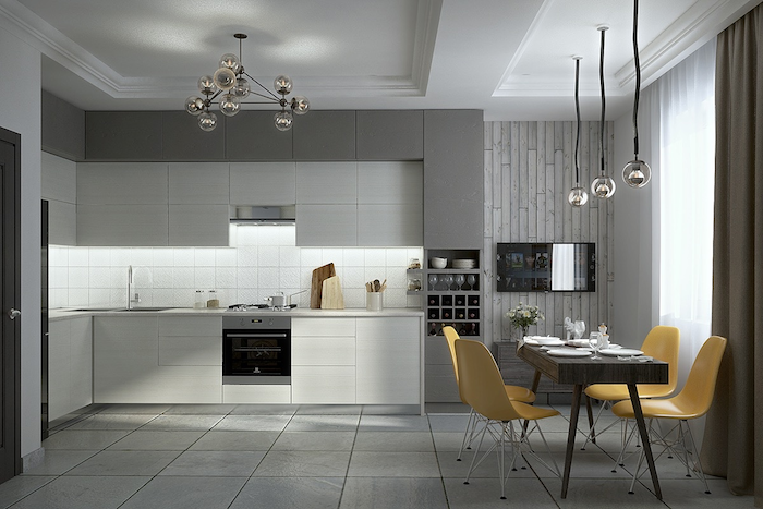 white kitchen backsplash, with square tiles, in a spacious room, with a dark brown table, and four yellow chairs, grey and white cabinets