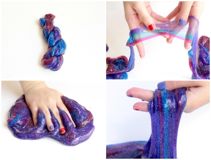 semi-transparent goo, in glittering purple, with pink and blue streaks, how to make slime with glue, hands with red and blue nail polish
