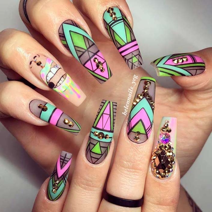 symmetrical geometric shapes, and a drawing, with black outlines, and neon colors, painted on long, clear fake nails, attached to two hands