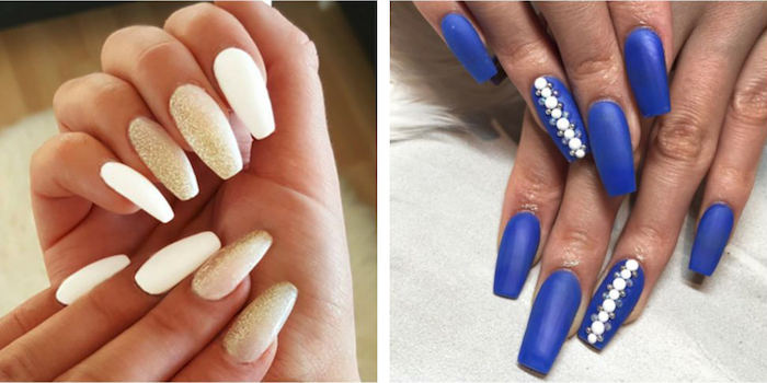 manicures in two different colors, coffin nail designs, white with fine gold powder, and electric blue, with white and iridescent rhinestones