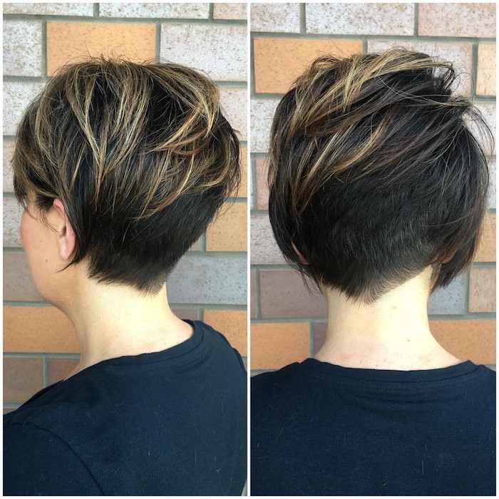 back view of a textured, layered pixie cut, dark brunette with blonde highlights, very short in the back, and longer in the front, hairstyles for women with thin hair, worn by woman in black t-shirt