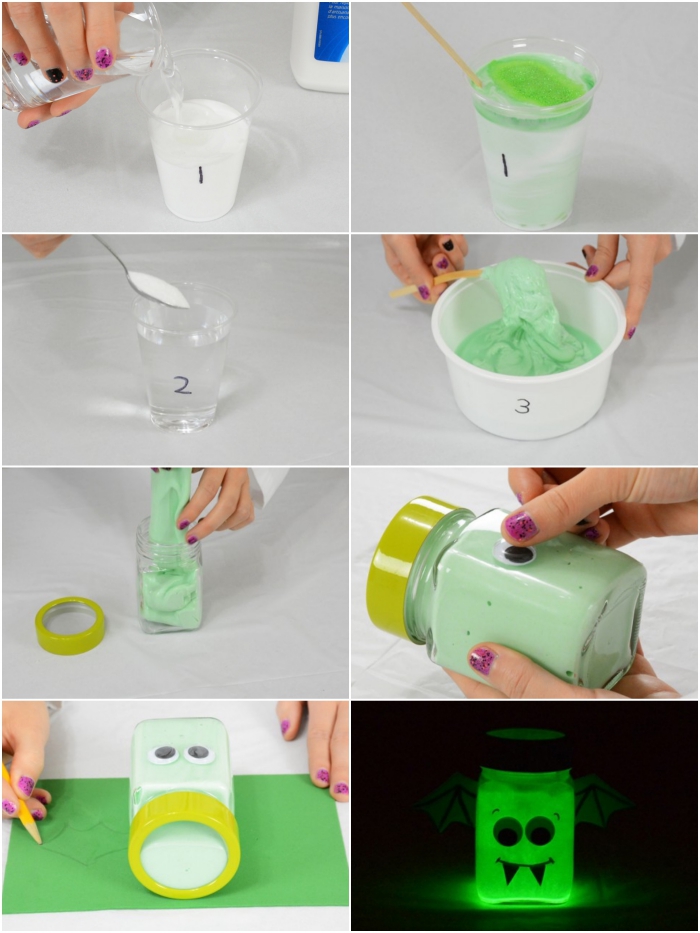 glow-in-the-dark slime in pale green, slime recipe with borax, process of making explained in eight images, adding the ingredients, pouring them into a jar and decorating