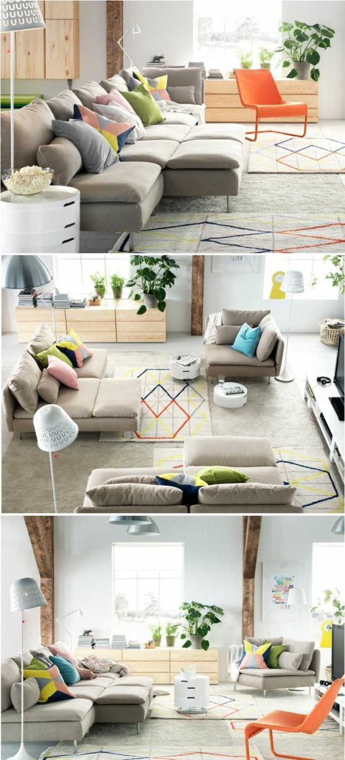 how to decorate a living room, three images showing a large beige sofa, divided into three or two separate settees, modern orange chair