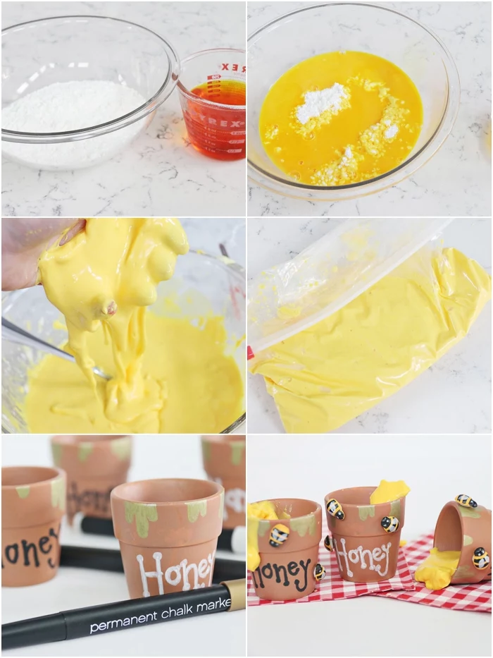 gooey yellow slime, made in four easy steps, and poured into several hand-painted, ceramic pots with the words honey written on them, how to make slime with borax