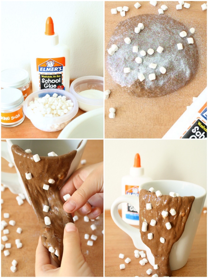 cocoa with marshmallows, made from brown chocolate-like goo, stuck to a large white mug, how to make slime with borax, glue and other ingredients