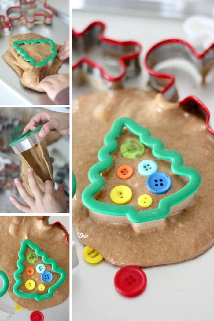 christmas tree-shaped cookie cutter, with green plastic edges, being pressed onto beige elmer's glue slime, decorated with colorful plastic buttons