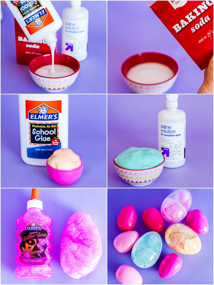 white glue being poured into a small bowl, sachet of baking soda, bottles of saline solution, and glitter glue, fluffy slime inside colorful, plastic easter eggs