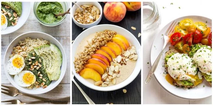 suggestions for healthy low calorie breakfast, avocado and boiled egg with nuts, peaches with almonds and granola on yoghurt, poached eggs with cherry tomatoes