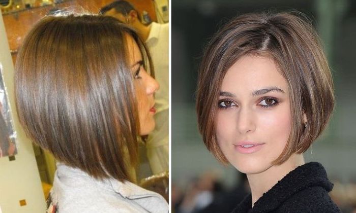 asymmetrical straight brunette bob, silky and smooth, worn by a young woman in profile, and by keira knightley