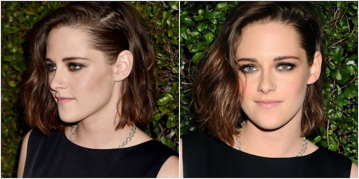 side-swept wavy brunette bob, hairstyles for women with thin hair, worn by kristen stewart, in black sleeveless top, with silver chain, and smokey eye make up