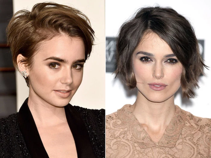 celebrities with hairstyles for fine thin hair, lily collins with a swept over, brunette pixie cut, and side part, and keira knightley with side parted wavy brunette bob