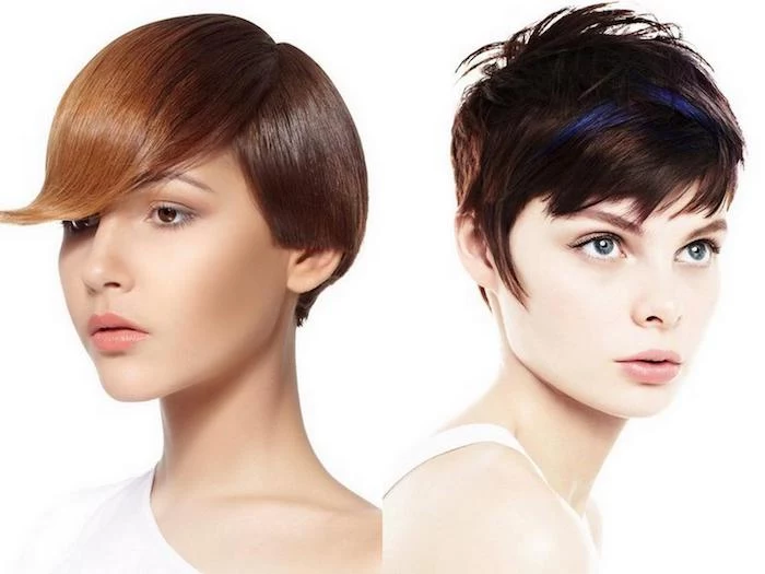 smooth chestnut-colored pixie cut, with long bangs, and ombre effect, short haircuts for thin hair, choppy brunette pixie, with shaggy bangs, and dark blue streaks