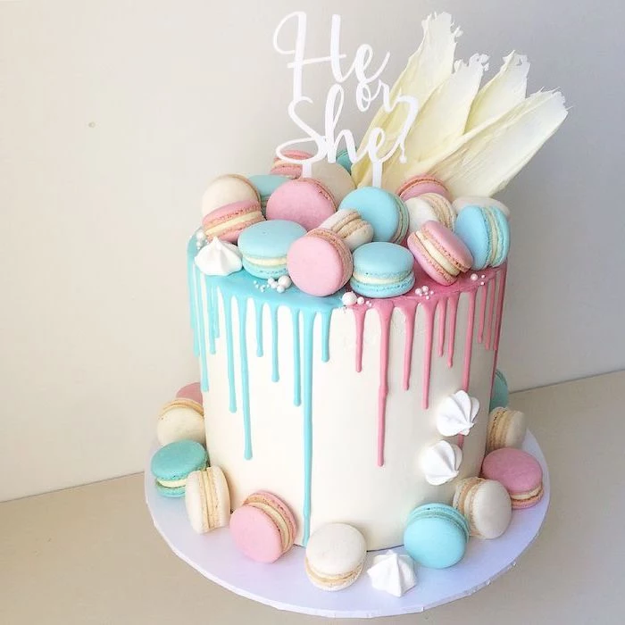 he or she written on a white cake topper, placed on a tall cake, with smooth white frosting, decorated with pink, blue and white macaroons
