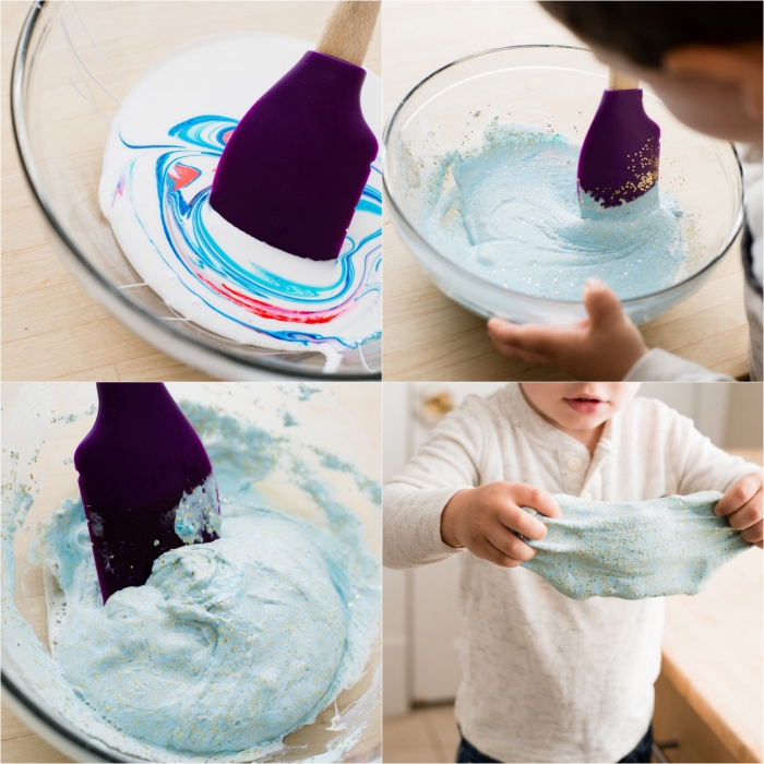 creating soft slime, with red and white coloring, mixing ingredients in a bowl, with a spatula, little child stretching the finished goo, how to make slime with shaving cream 
