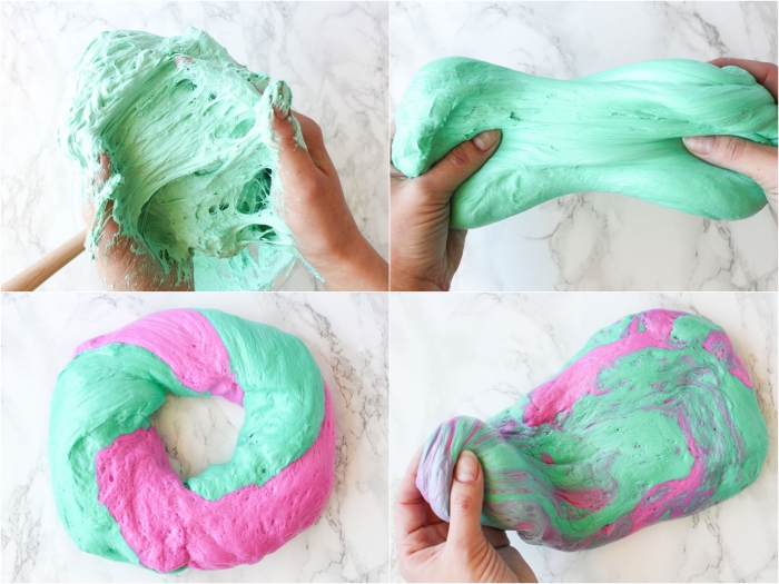 sticky and stretchy, pale mint green goo, kneaded by two hands, how to make slime, mixed with some hot pink goop, to make one big pile