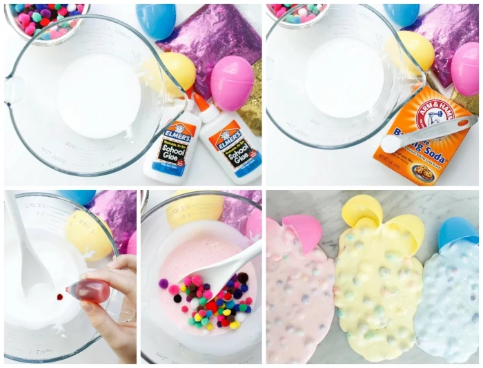 easter slime idea, mixing glue and baking soda, adding coloring and multicolored felt beads, how to make slime with borax, pastel pink yellow and blue goo, pouring from plastic eggs