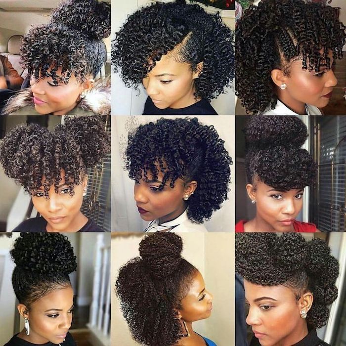 styling afro hair, nine images showing different hairdos, made from natural black hair, topknots and buns, curly hair with bangs 