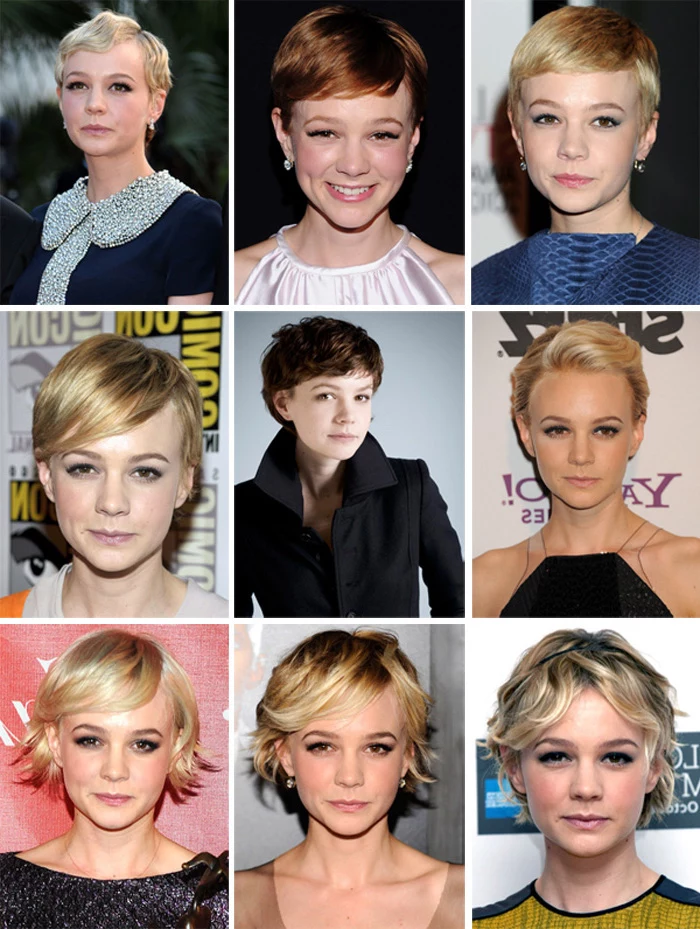 carey mulligan with nine different pixie cuts, 1920's inspired and modern, smooth and textured, blonde and brunette, wavy and straight