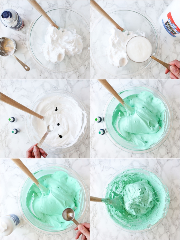 fluffy pale minty green goo, how to make slime, explained in six images, pouring shaving cream and glue, mixing food colorant