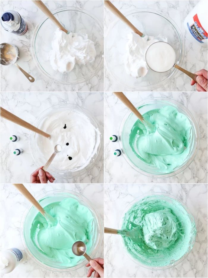fluffy pale minty green goo, how to make slime, explained in six images, pouring shaving cream and glue, mixing food colorant