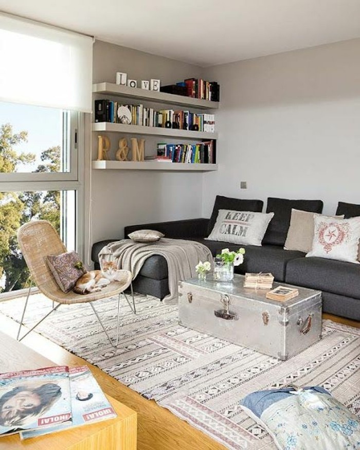 silver-colored metal trunk, converted into a coffee table, near a dark grey corner sofa, room setup ideas, bookshelves and a wicker chair