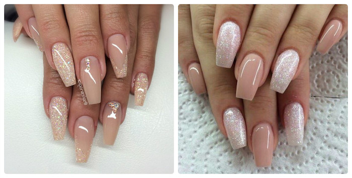 similar examples of nude nail polish, decorated with glitter, and subtle rhinestone details, on two sets of hands, placed on white surfaces