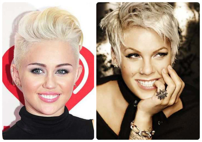 singers miley syrus and pink, with short platinum pixie cuts, one with shaved sides, and top styled into a pompadour, the other textured and messy