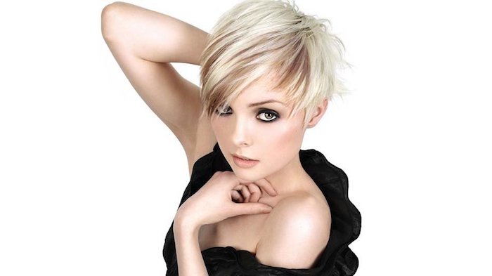 short haircuts for thin hair, punk-inspired pixie cut in platinum, long side bangs at the front, and short at the back, with light chocolate strands