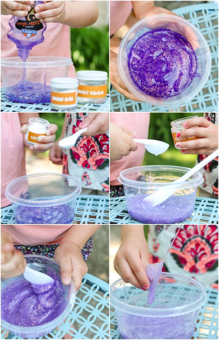 fluffy slime, young child mixing ingredients into a clear plastic bowl, baking soda and contact lens solution, purple glittery goo