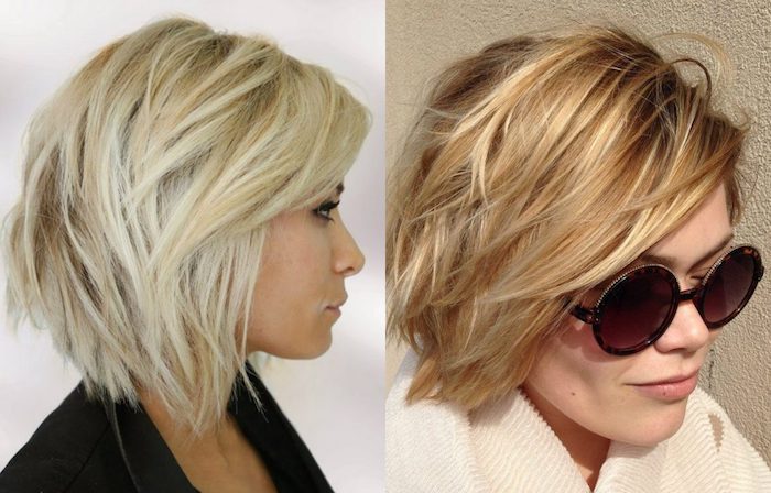 shaggy layered bob, with side swept bangs, in darker and lighter shades of blonde, on woman in profile, next image shows blonde woman, with textured bob, and large round sunglasses