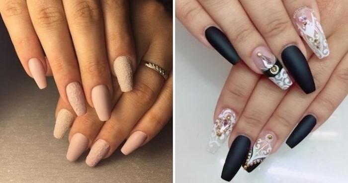 images showing two sets of manicures, nude coffin nails, the first set is decorated with acrylic flower motifs, and the second with black details