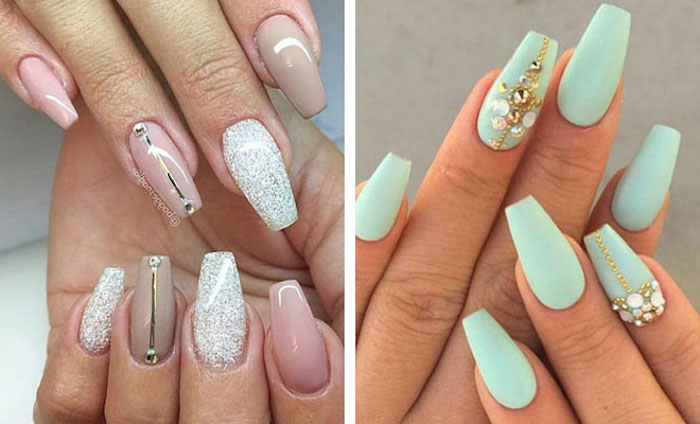 combination of pale nude pink, and light beige, decorated with glitter and rhinestones, on the coffin-style nails of two hands, next image shows long nails, with pale turquoise polish and rhinestones