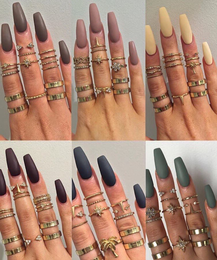examples of long coffin nails, six images showing a hand, with lots of assorted rings, and long nails in different colors, beige and cream, navy and dark green, dark and light purple