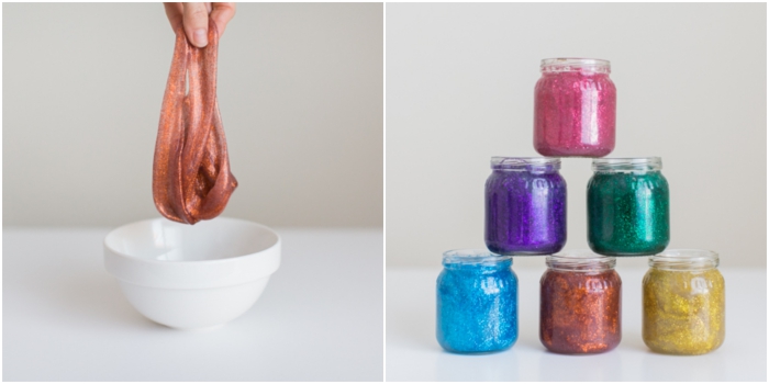 pyramid made from six jars, stacked on top of each other, each jar contains fluffy slime, in a different pearlescent color, next image shows, hand holding rusty brown goo, over a white bowl