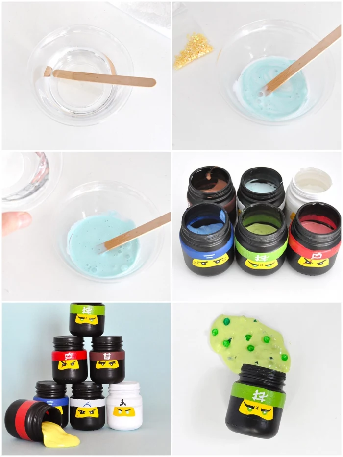 the process of making lego ninjago slime jars, adding the ingredients, and the coloring, how to make slime with borax, pouring the mixture into each pot