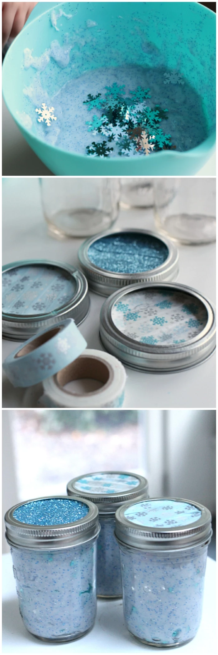 frosty blue slime, with glitter and snowflake-shaped confetti, in different shades of blue, mixed in a turquoise plastic bowl, and poured into three jars
