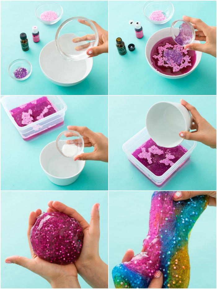 shimmering pink slime, with pale pink glitter, the recipe and process explained in six images, how to make slime, adding ingredients and mixing different colors