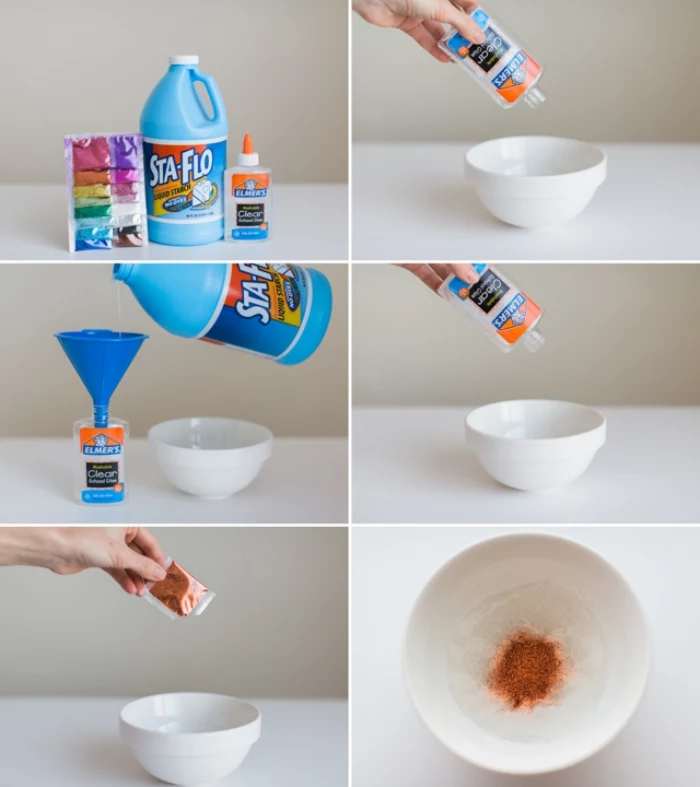 how to make slime with glue and detergent, mixing the ingredients in a bowl, adding food coloring, and mixing everything together