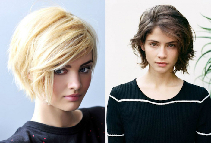 haircuts for fine thin hair, two young women, with short bobs, in blonde and brunette, straight with side bangs, and messy and wavy respectively