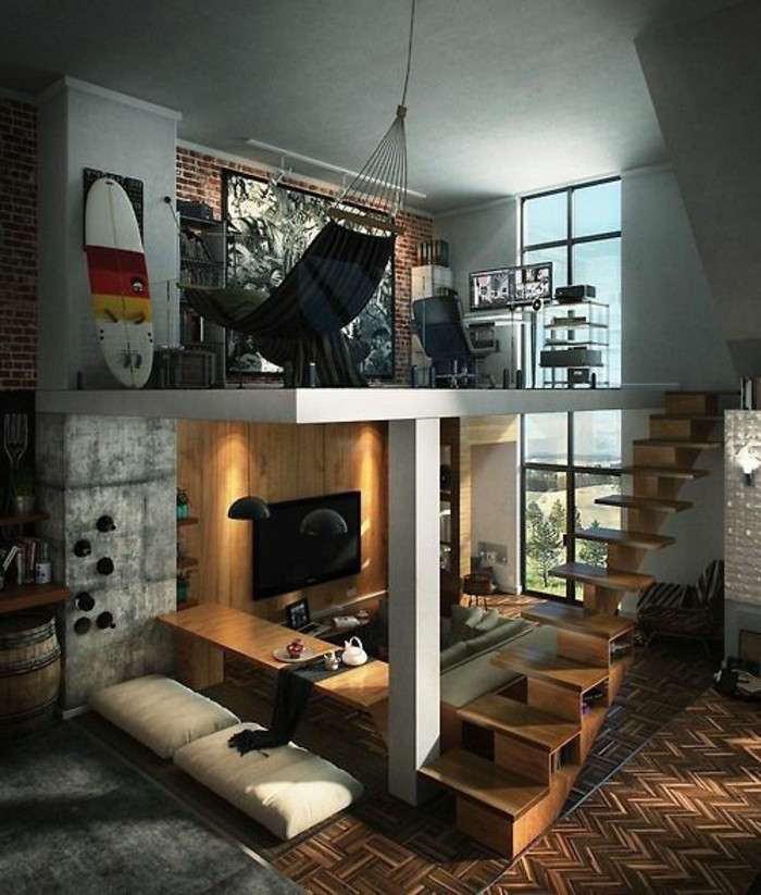 loft studio flat on two levels, with industrial style details, and a brick wall, home decor inspiration, wooden panelling on the lower level, a hammock and a surfing board, on the upper floor