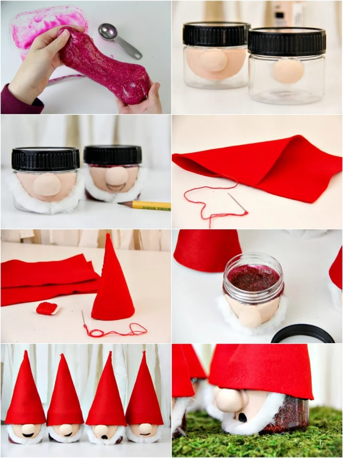 gnome decorations made from little jars, decorated with fabric faces, white cotton beards, and red pointy hats, filled with wine red slime