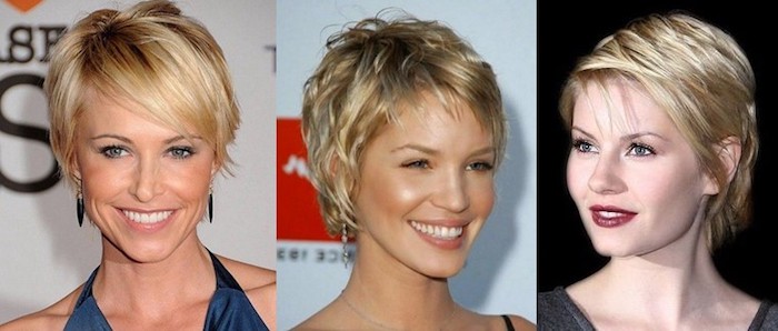 collage of three photos, showing smiling blonde women, with pixie cuts, long side bangs, textured and layered, side-swept and tucked behind the ear