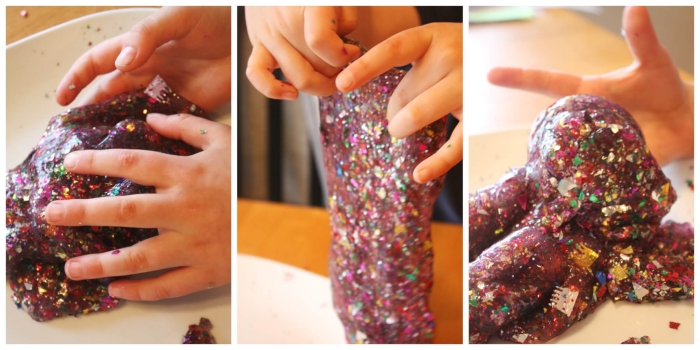 confetti and glitter, and other decorations, inside a pile of purple goo, kneaded by small hands, slime recipe with borax 