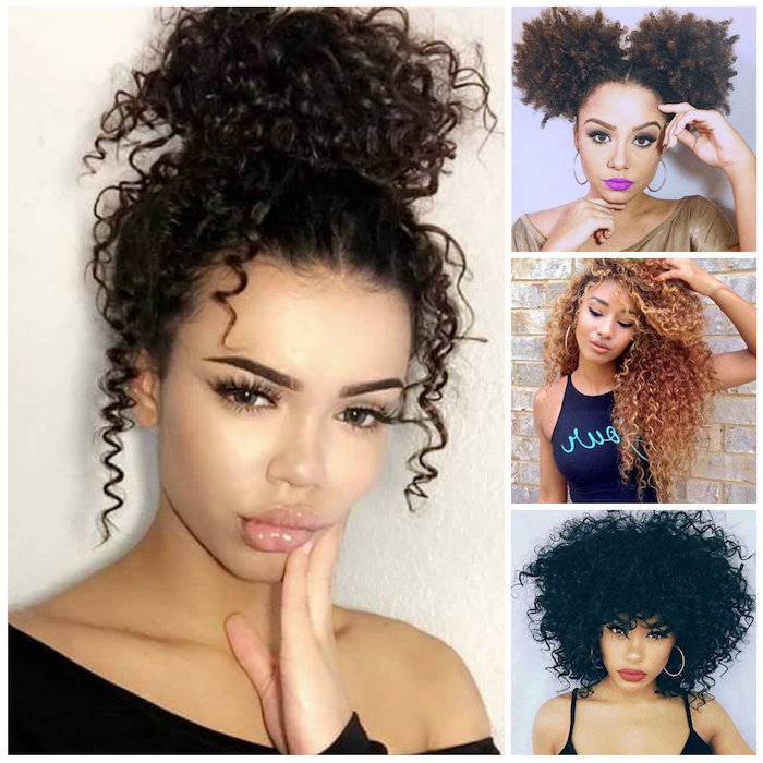 pigtails or buns, made from brown afro hair, long blonde ringlets with highlights, natural black afro, and a curly top knot, worn by four different women