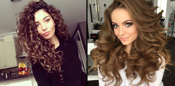 side-swept long brunette curly hair, with blonde highlights, worn by young woman in black jumper, cute easy hairstyles, soft wavy and glamorous, chestnut brown hair