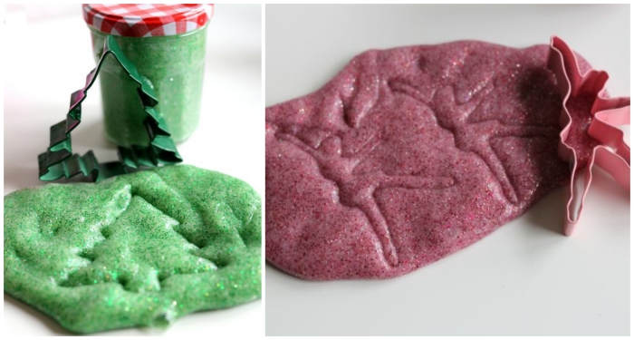 ballerina and christmas tree-shaped cookie cutters, in pink and green, placed near slime in corresponding colors, with shapes pressed on it